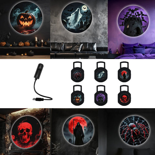 Proyector de luz nocturna LED de Halloween, puede cambiar el patrón, calavera, fantasma, murciélago, calabaza, muerte, decoración con forma de araña, cre