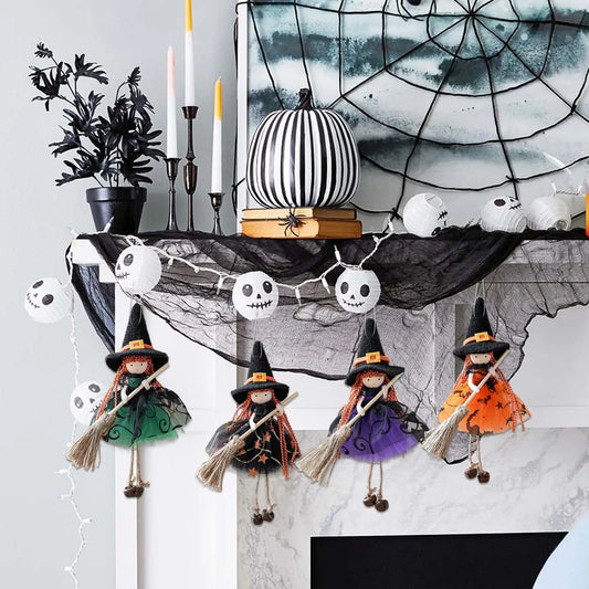 Muñeca de bruja decorativa para colgar en la cocina con adorno de escoba y bruja espeluznante