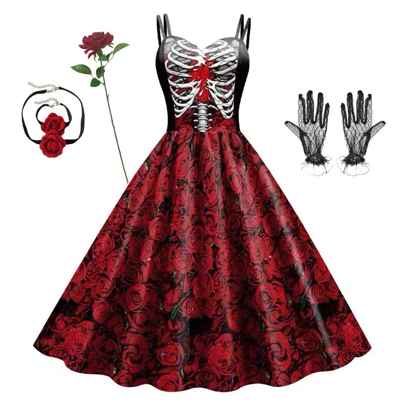 Vestido halter estampado de calavera, túnica sin mangas, vestidos de fiesta vintage, ropa gótica, vestido de máscaras
