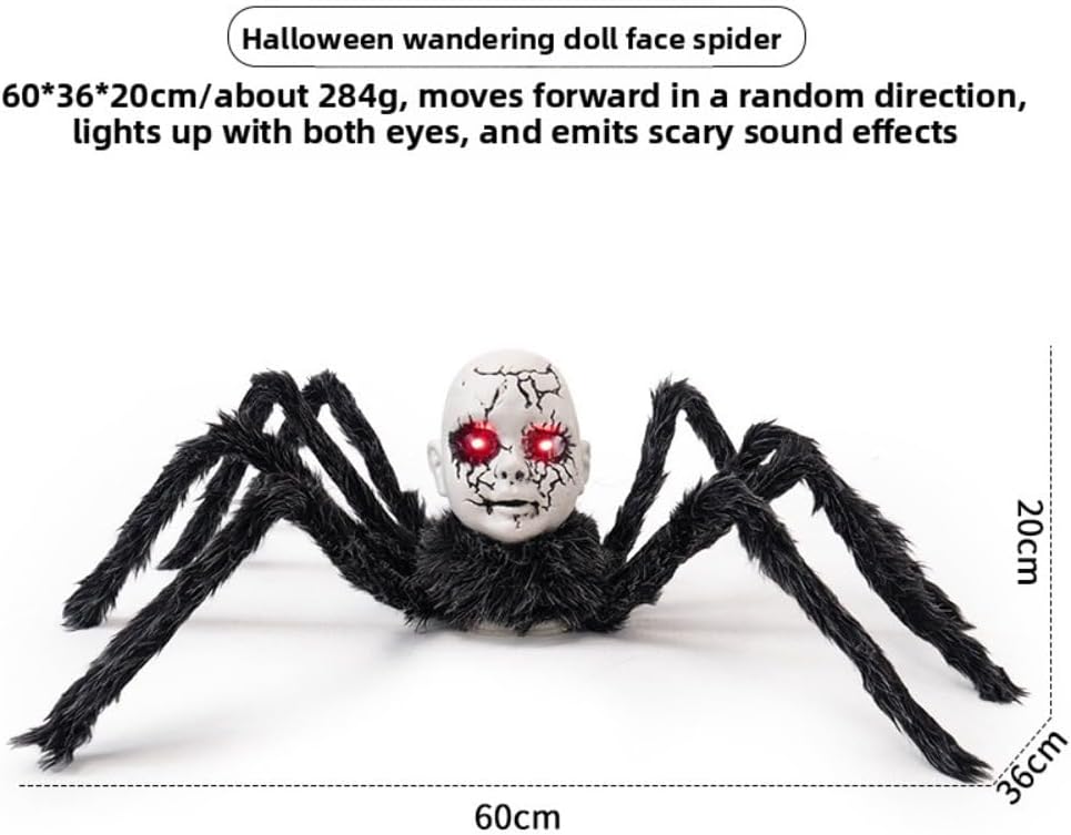 Terrifying Spider Doll Face Ornament - Motion Sensor LED Glowing Eyes Halloween Decor
