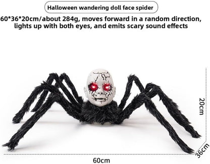 Terrifying Spider Doll Face Ornament - Motion Sensor LED Glowing Eyes Halloween Decor