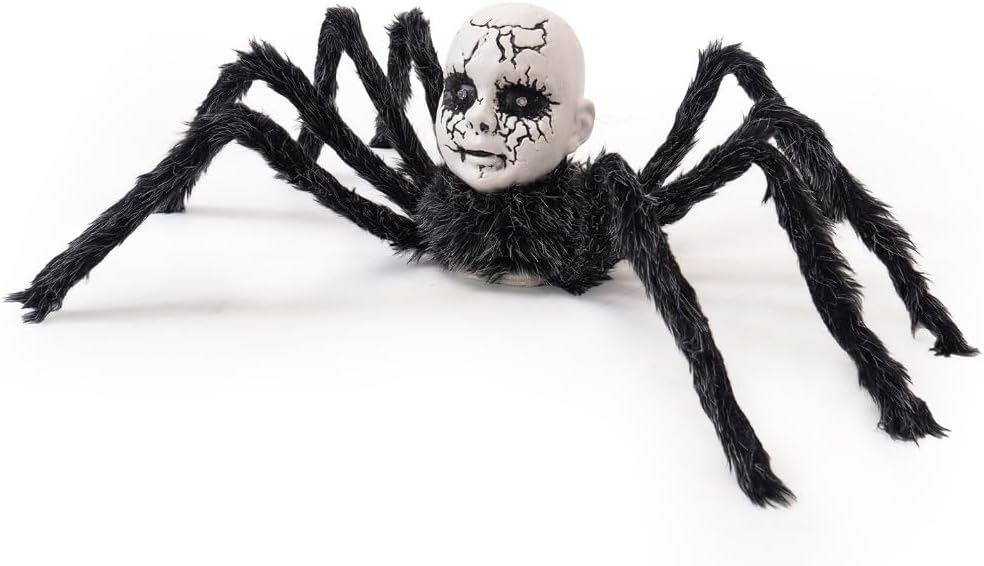 Terrifying Spider Doll Face Ornament - Motion Sensor LED Glowing Eyes Halloween Decor
