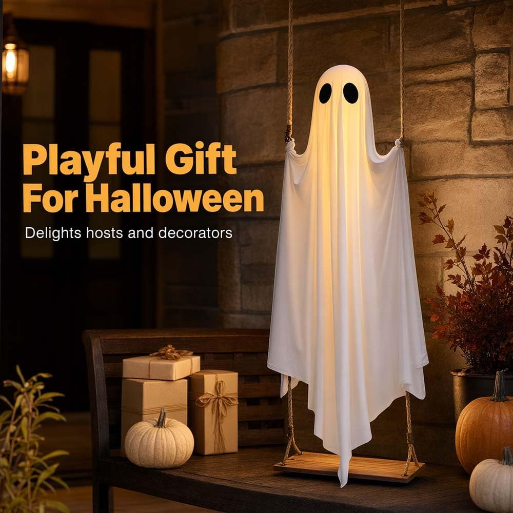Close-up of glowing white fabric hanging ghost Halloween swing decoration