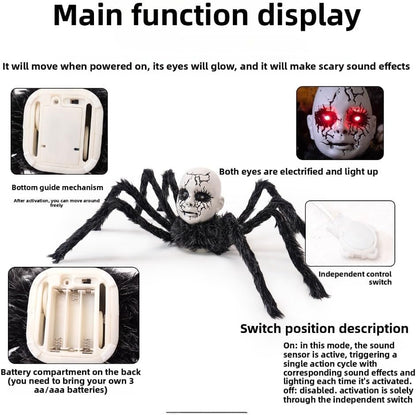Terrifying Spider Doll Face Ornament - Motion Sensor LED Glowing Eyes Halloween Decor