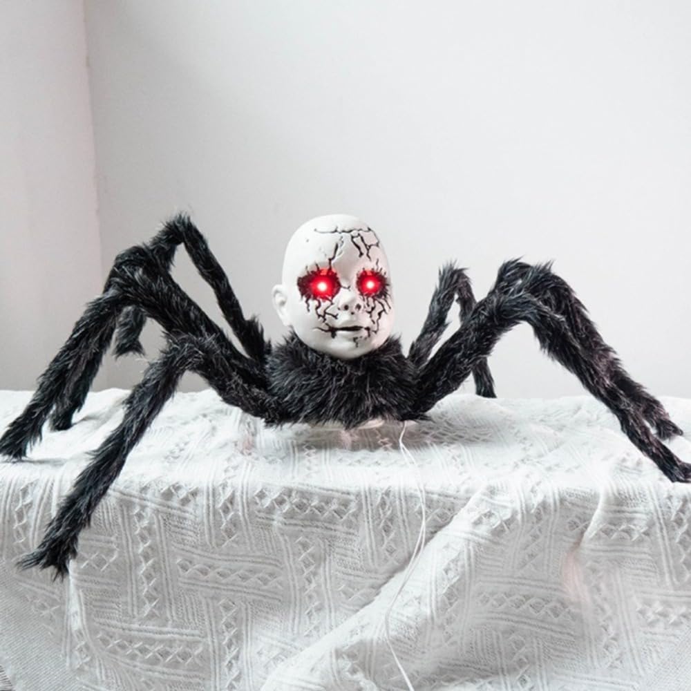 Terrifying Spider Doll Face Ornament - Motion Sensor LED Glowing Eyes Halloween Decor