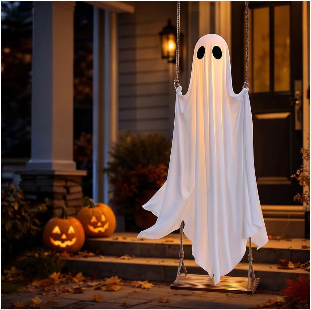 5FT hanging ghost swing Halloween decoration glowing on a front porch at night