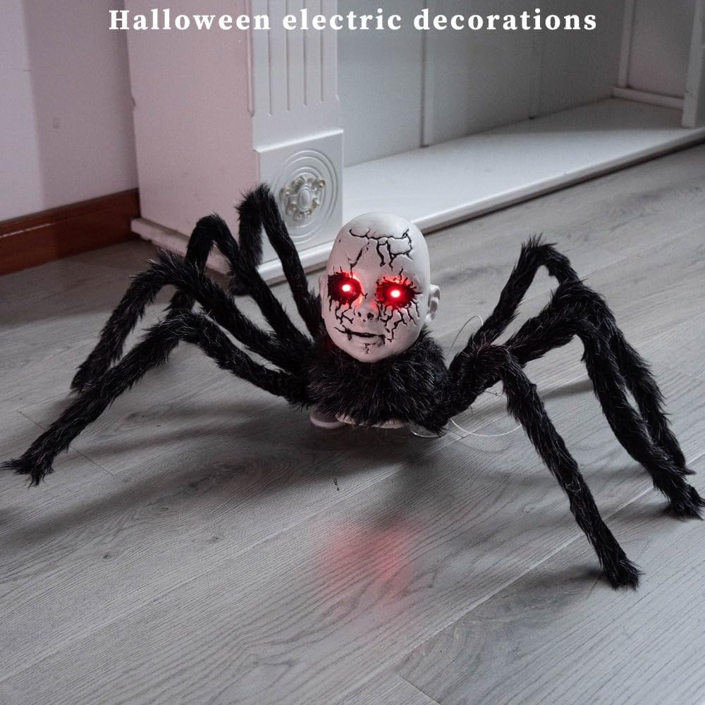 Terrifying Spider Doll Face Ornament - Motion Sensor LED Glowing Eyes Halloween Decor