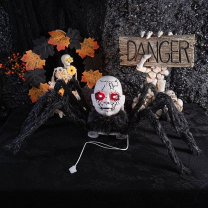 Terrifying Spider Doll Face Ornament - Motion Sensor LED Glowing Eyes Halloween Decor