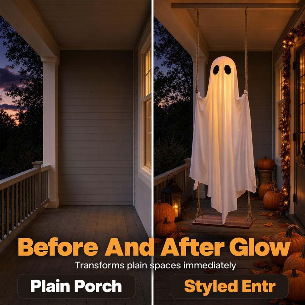 Before and after comparison of plain porch versus glowing hanging ghost Halloween decoration