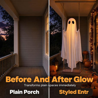 Before and after comparison of plain porch versus glowing hanging ghost Halloween decoration
