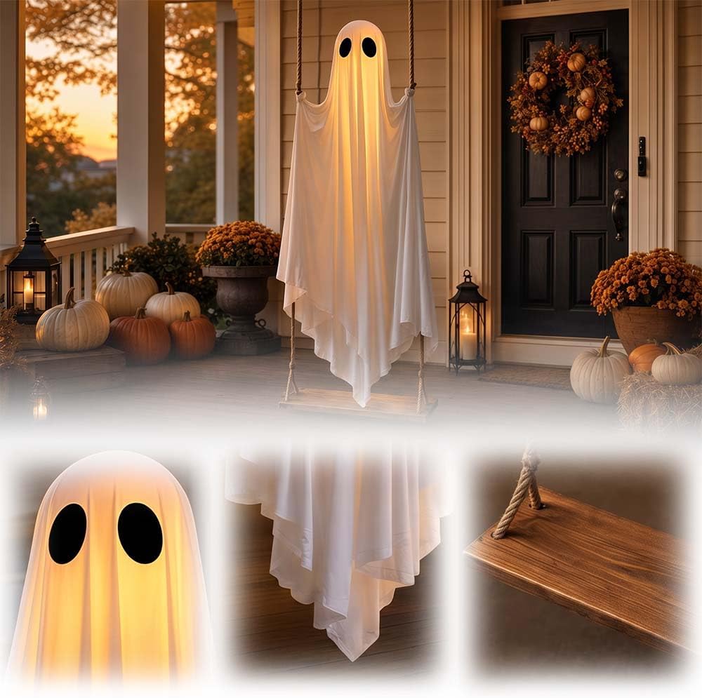5FT hanging ghost Halloween decor on wood swing with porch pumpkins and lanterns