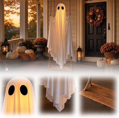 5FT hanging ghost Halloween decor on wood swing with porch pumpkins and lanterns