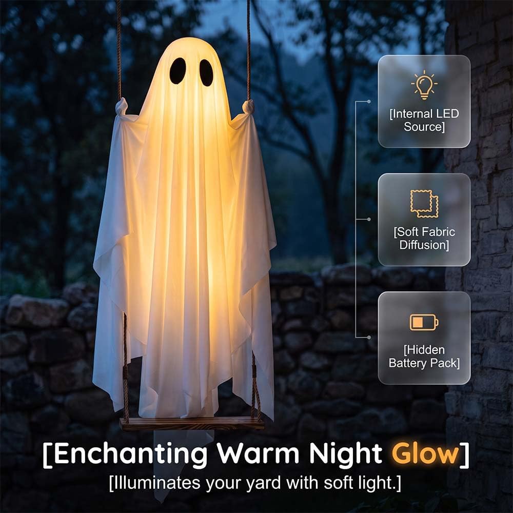 Glowing hanging ghost Halloween decoration illuminated by internal warm LED lights at night