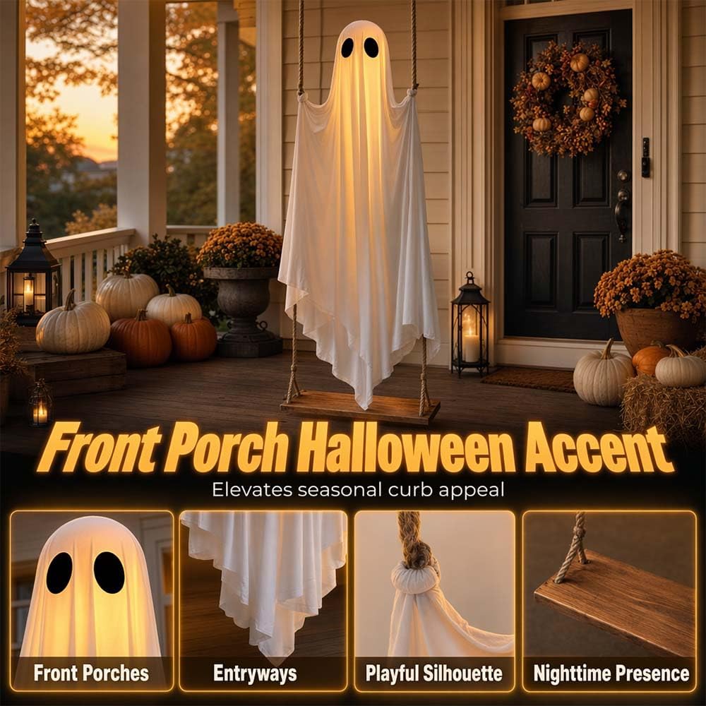 Hanging ghost Halloween decoration as front porch accent, with detail shots of face, fabric, and wood swing seat