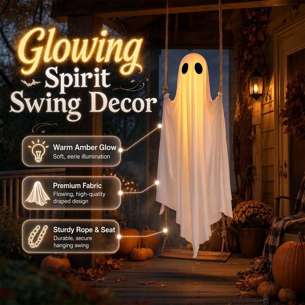 Glowing spirit swing decor hanging ghost with warm amber light and sturdy wood swing seat