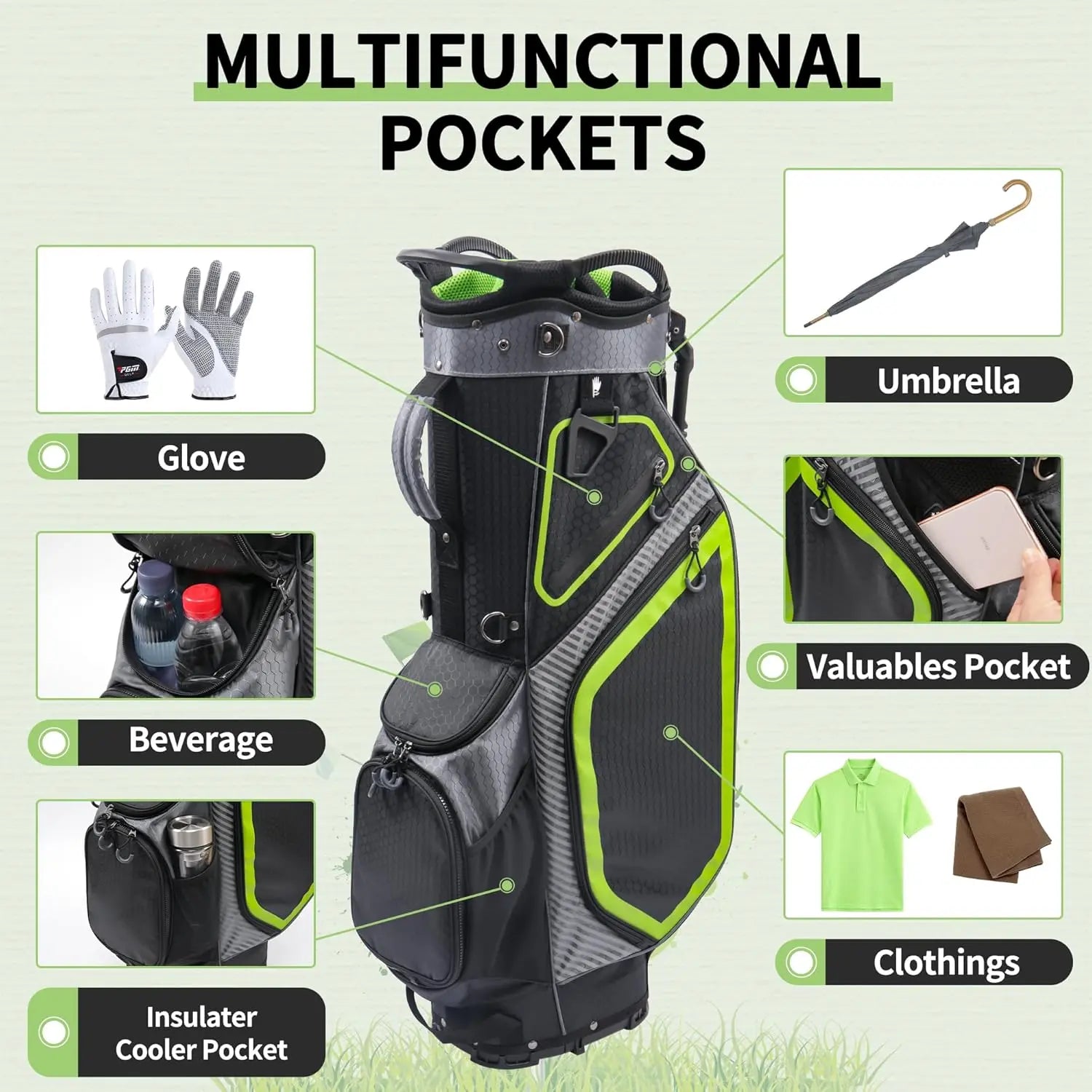 14 Way Golf Stand Bag, Golf Bags for Men with Stand, Full Length Top Dividers Ergonomic with 8 Pockets Golf Club Bags Lightweight and Durable for Men & Women