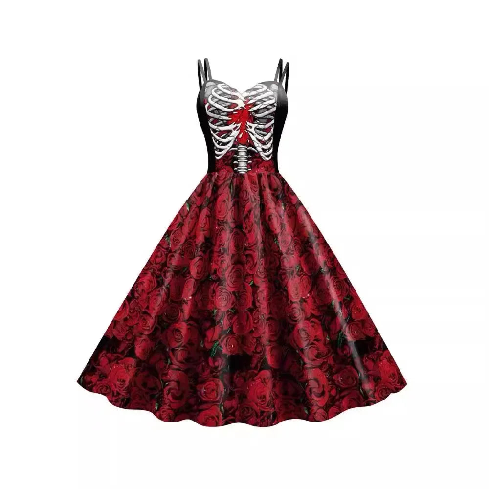 Skull Print Goth Dress - halter Halloween party dress