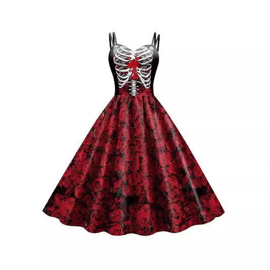Skull Print Goth Dress - halter Halloween party dress
