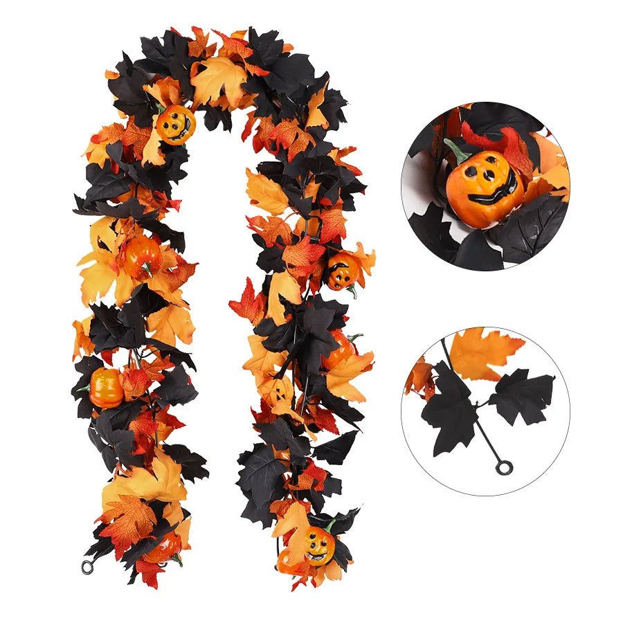 Guirnalda de Hojas Negras de Otoño con Calabazas 3D Decoración para Chimenea de Acción de Gracias y Cosecha