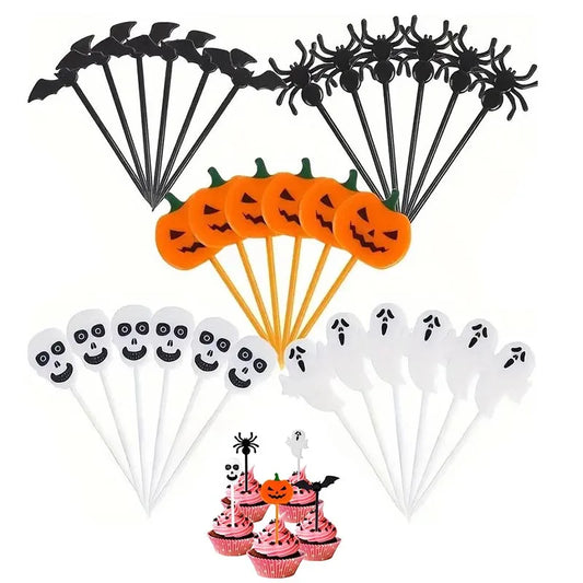 Juego mixto de palillos de Halloween: calabaza, fantasma, murciélago, tenedores de fruta, postre, cóctel, decoración de pasteles, suministros para fiestas de Halloween.