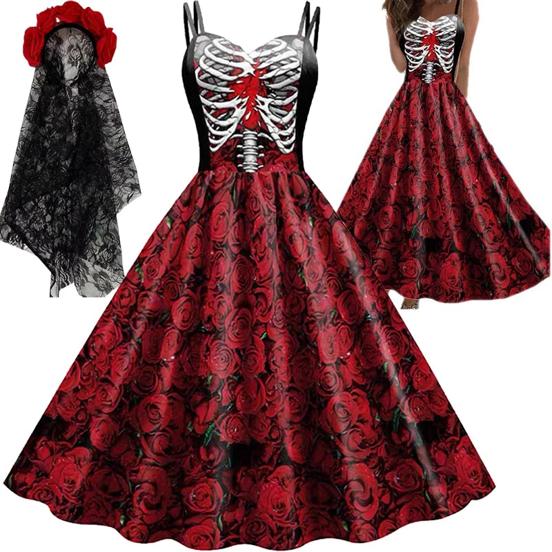 Skull Print Goth Dress - halter Halloween party dress