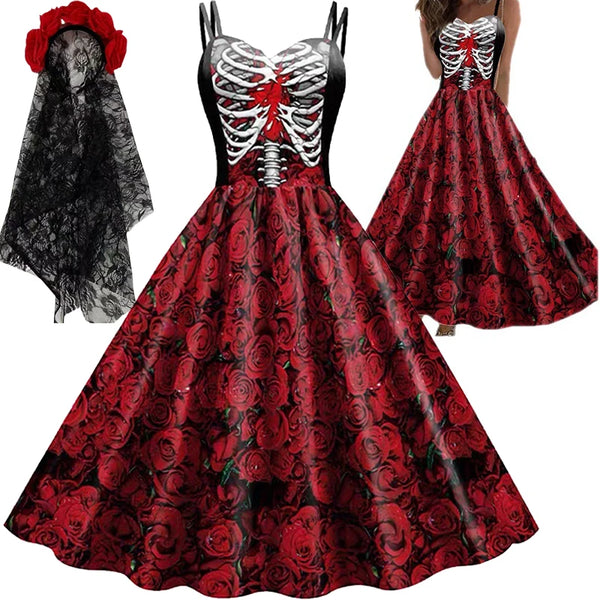 Skull Print Goth Dress - halter Halloween party dress
