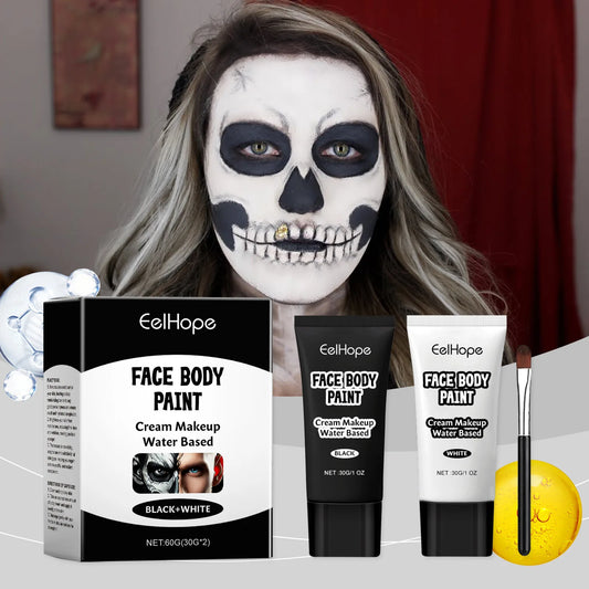 Pintura facial y corporal blanca y negra de Halloween, base de cobertura completa, ligera, maquillaje de payaso y Joker, crema impermeable, aceite para cosplay.