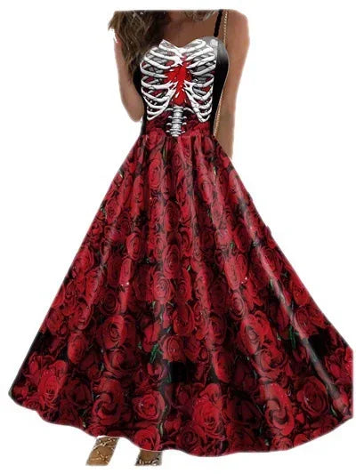 Skull Print Goth Dress - halter Halloween party dress