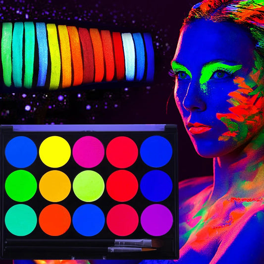 Set de 15 Pinturas Faciales UV Fluorescentes a Base de Agua, para Pintura Corporal, Fácil de Aplicar y Quitar, para Fiestas Artísticas, Halloween, Carnaval, Juegos de Rol Arcoíris, Graffiti Corporal