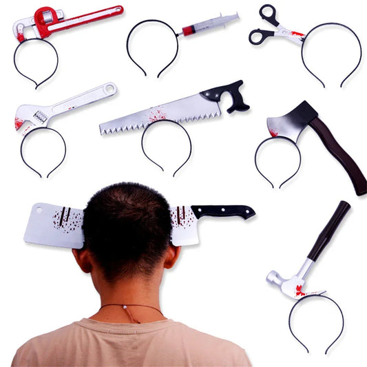 Artículos de utilería de terror de Halloween, sangre, hacha falsa, sierras, diadema de cuchillo para fiesta de Halloween, máscaras, utilería de decoración de broma, suministros