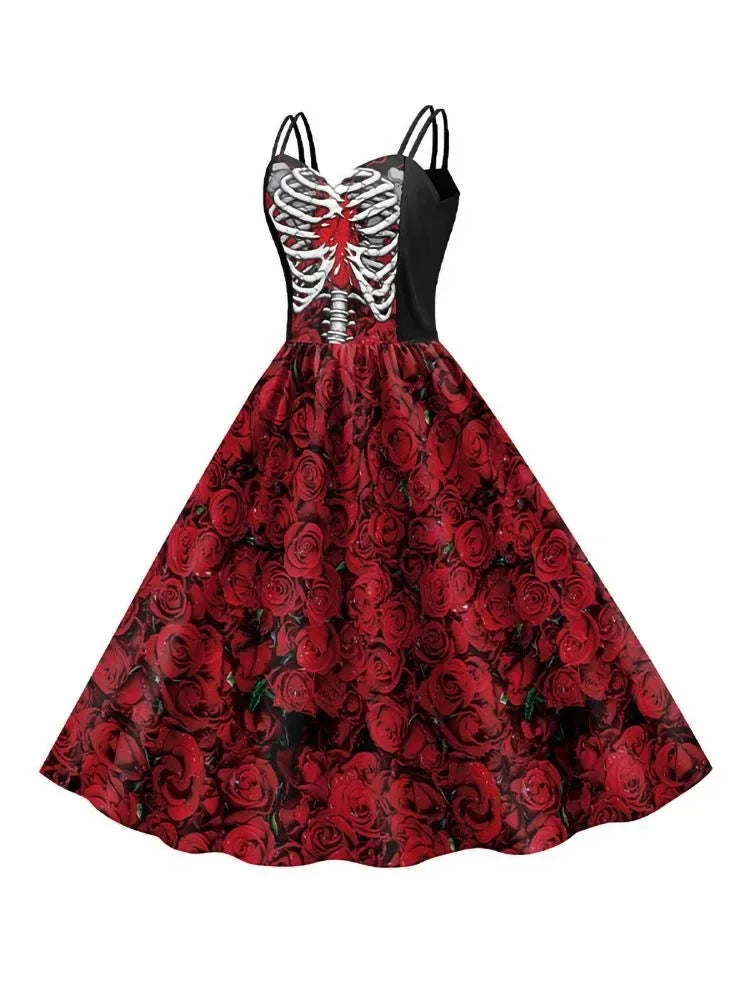 Skull Print Goth Dress - halter Halloween party dress