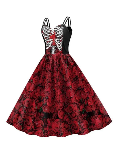 Skull Print Goth Dress - halter Halloween party dress