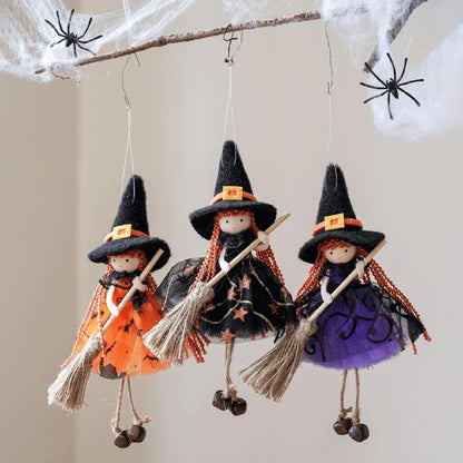 Witch Doll Hangable Kitchen Decor with Broom Ornament Spooky Witch