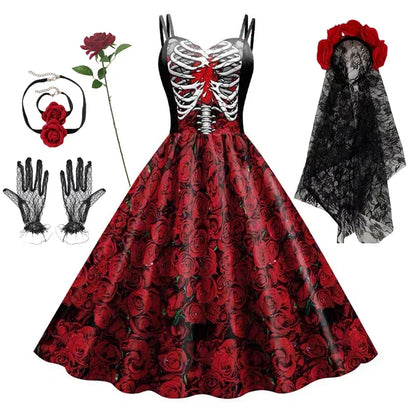 Skull Print Goth Dress - halter Halloween party dress