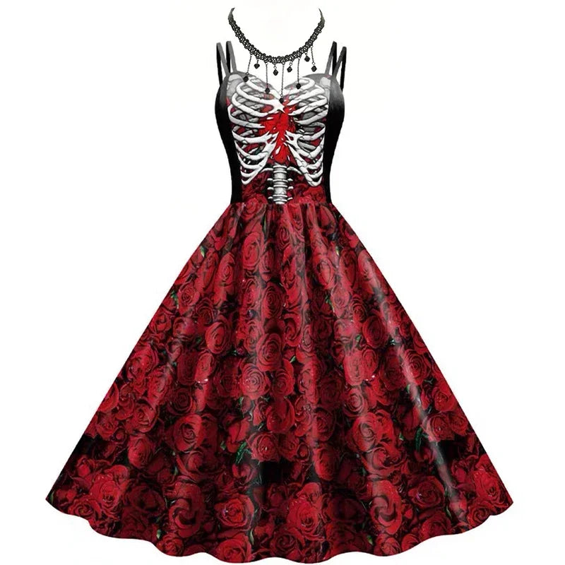 Vestido halter estampado de calavera, túnica sin mangas, vestidos de fiesta vintage, ropa gótica, vestido de máscaras