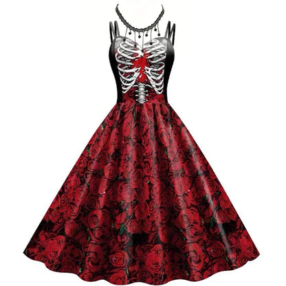 Vestido halter estampado de calavera, túnica sin mangas, vestidos de fiesta vintage, ropa gótica, vestido de máscaras