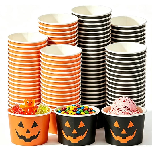Artículos de fiesta de Halloween desechables, cuencos de papel, cajas de aperitivos, tazas de helado, cuencos de calabaza, decoraciones para fiestas de Halloween.