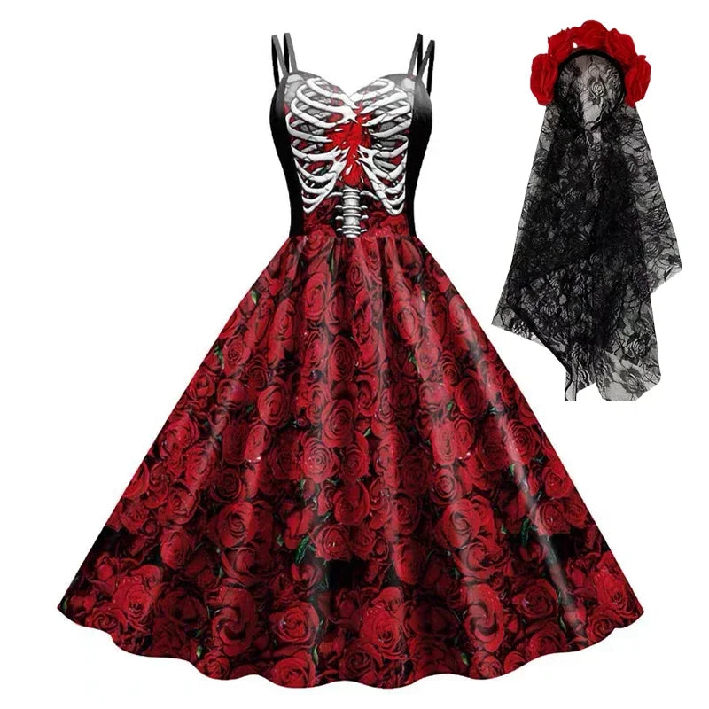 Vestido halter estampado de calavera, túnica sin mangas, vestidos de fiesta vintage, ropa gótica, vestido de máscaras