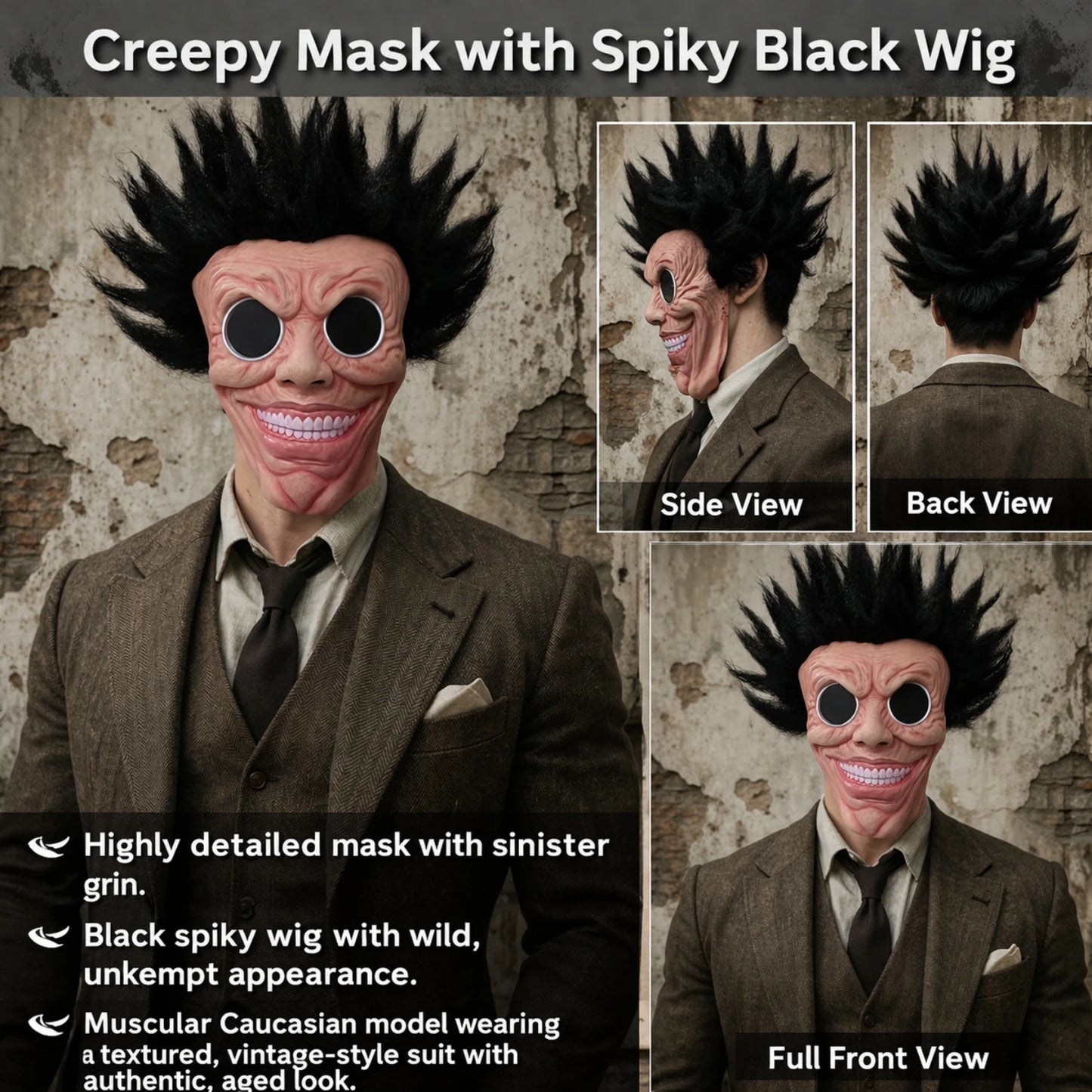 Adult Scary Latex Mask with Spiky Hair Half Creepy Mask for Halloween Costume Party Cosplay Realistic Wrinkle Face Costume Prop
