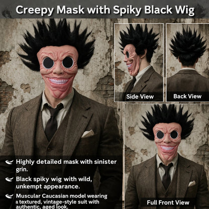 Adult Scary Latex Mask with Spiky Hair Half Creepy Mask for Halloween Costume Party Cosplay Realistic Wrinkle Face Costume Prop