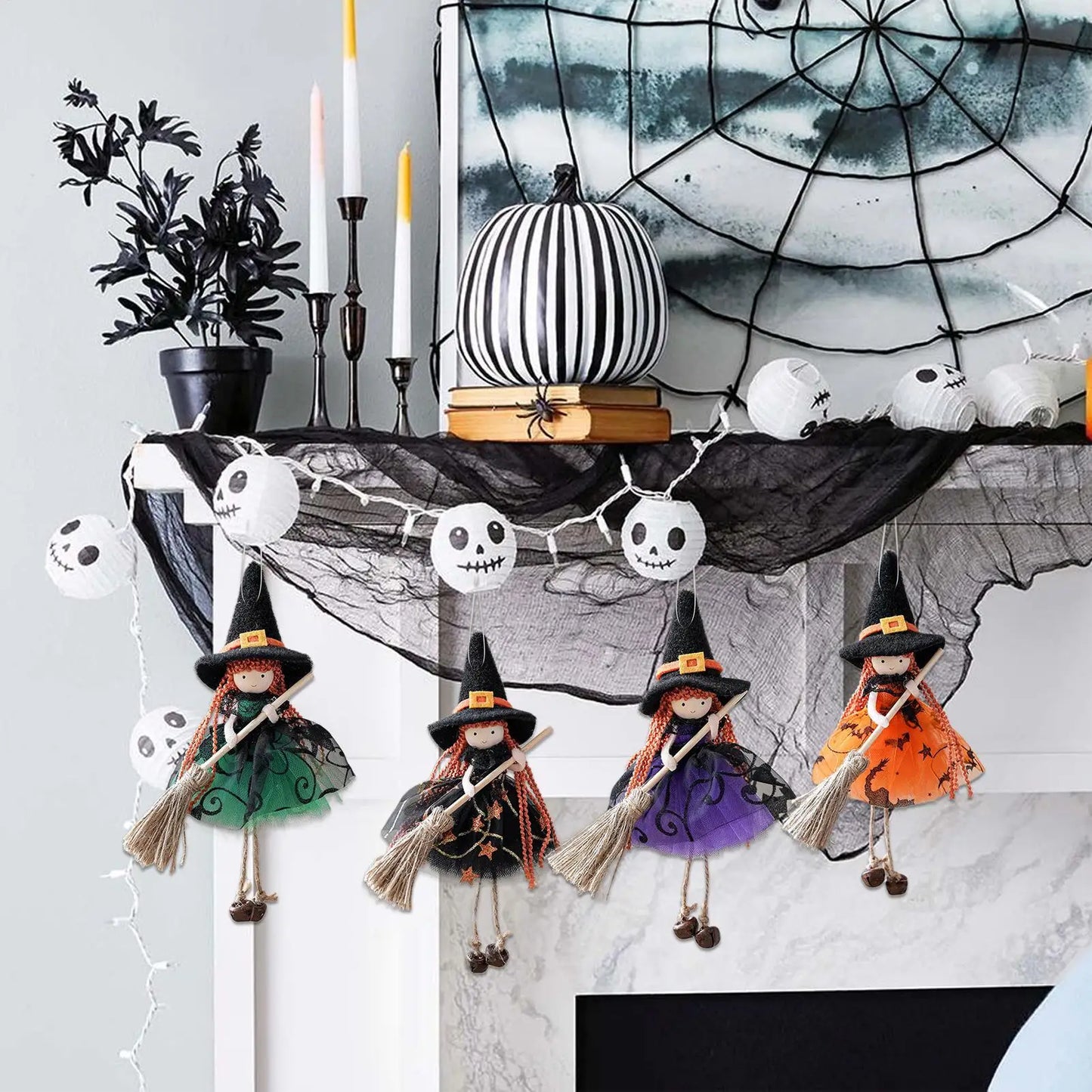 Witch Doll Hangable Kitchen Decor with Broom Ornament Spooky Witch