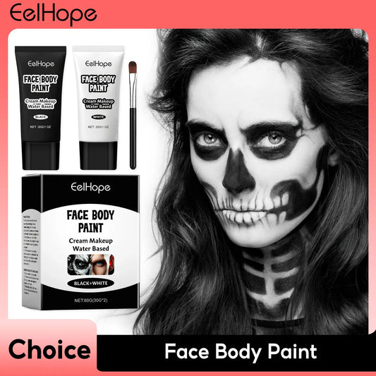 Pintura facial y corporal blanca y negra de Halloween, base de cobertura completa, ligera, maquillaje de payaso y Joker, crema impermeable, aceite para cosplay.