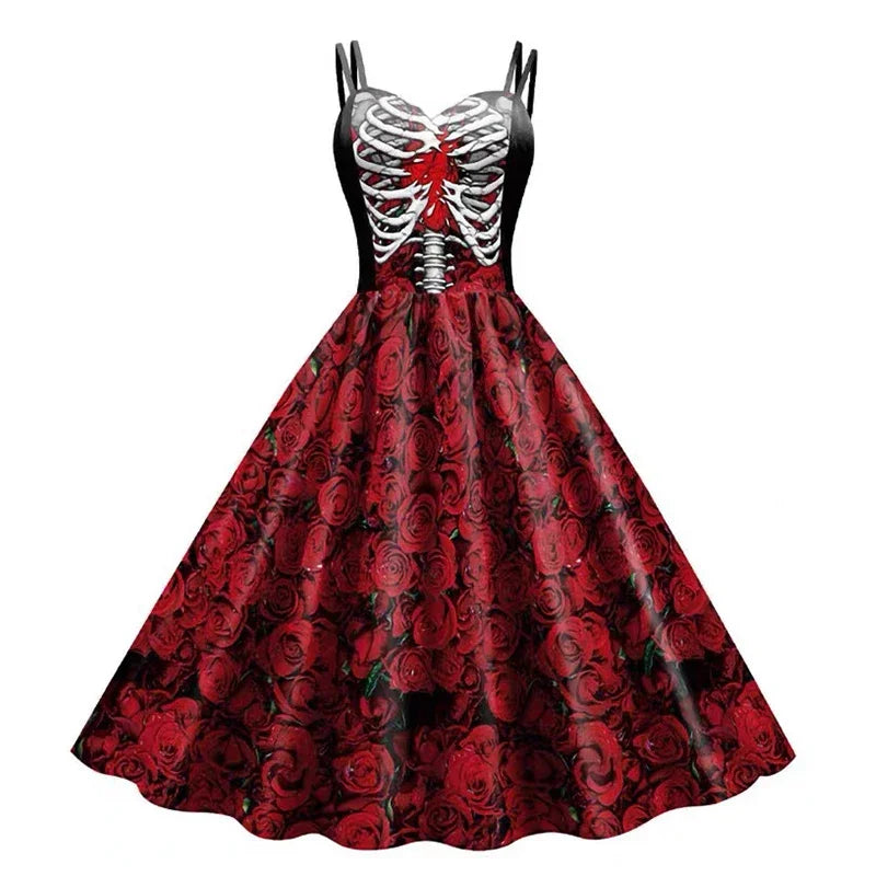 Vestido halter estampado de calavera, túnica sin mangas, vestidos de fiesta vintage, ropa gótica, vestido de máscaras