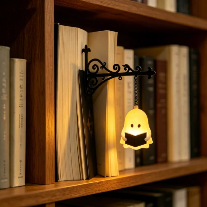 Halloween Hanging Ghost Reading Book Night Light Warm LED Wall Decor Lamp Cute Spooky Ghost Lantern Bedroom Book Ambient Light
