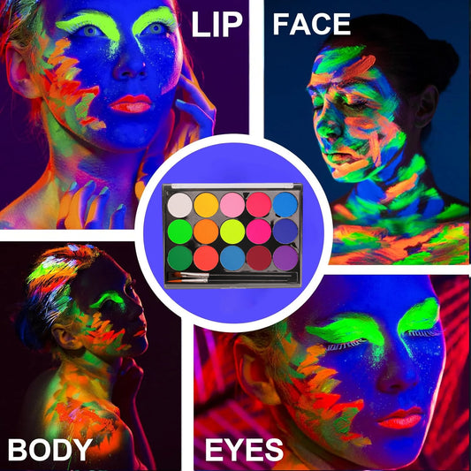 Set de 15 Pinturas Faciales UV Fluorescentes a Base de Agua, para Pintura Corporal, Fácil de Aplicar y Quitar, para Fiestas Artísticas, Halloween, Carnaval, Juegos de Rol Arcoíris, Graffiti Corporal