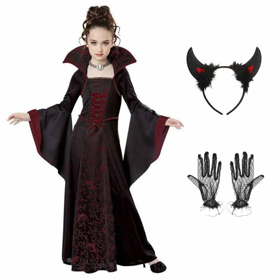 Disfraz de Vampiresa para Niñas, Vestido Largo de Tutú, Traje de Carnaval para Niños, Ropa Gótica de Plumas