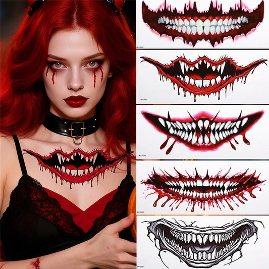 Pegatinas de tatuajes de boca grande 3D, calcomanías espeluznantes para labios y cuerpo, para maquillaje de fiesta de terror, heridas falsas y cicatrices, para herramienta de fiesta de Halloween.
