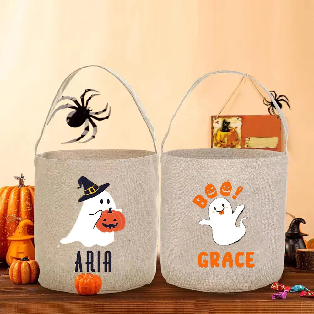 Bolsa personalizada de Halloween para dulces con fantasma espeluznante, cubo de caramelos, regalo para niños, linda cesta Boo, suministros divertidos para decoración de fiestas
